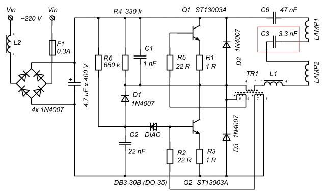 Балласт электронный для люминесцентных ламп схема