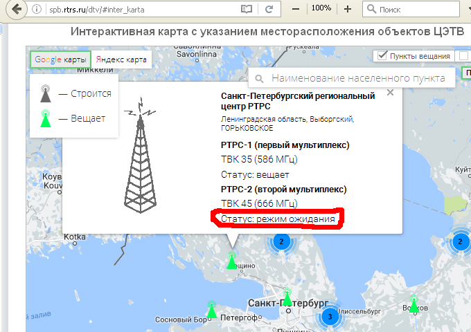 Карта цифрового телевидения ленинградская область