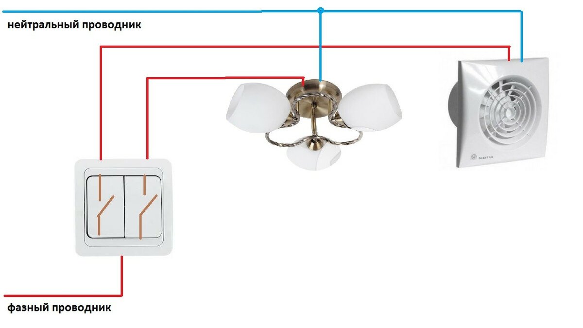 Схема подключения вентилятора в ванной через двойной выключатель