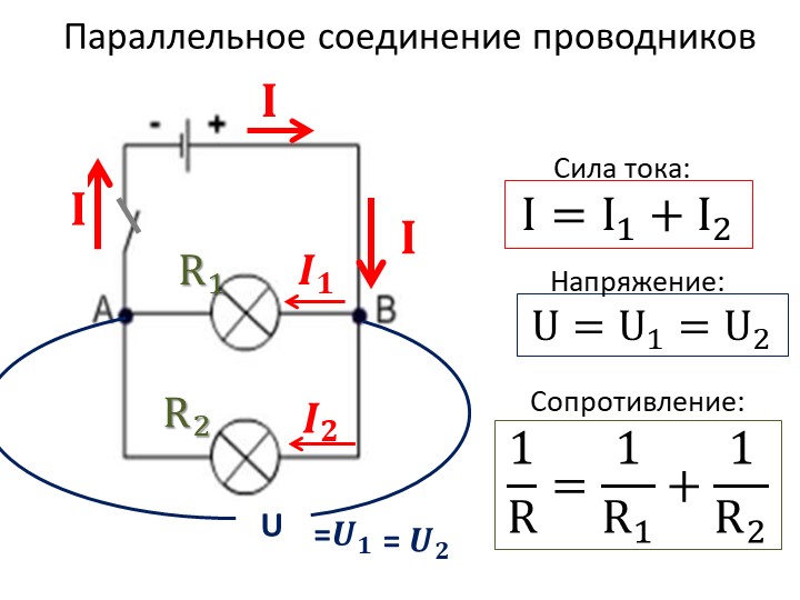 Напряжение на сопротивлениях одинаково. Параллельное соединение 2 проводников. Параллельное соединение резисторов и источников тока. Параллельное соединение вольтметра.