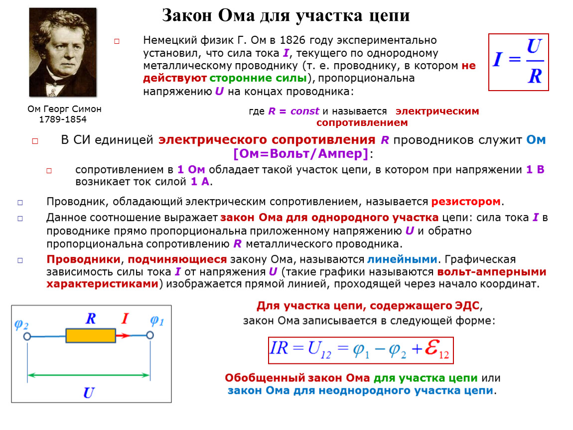 Законы ома в r цепи. Закон Ома для участка электрической цепи. Закон Ома для участка цепи с резистором. Закон Ома для полного участка цепи формула. Закон Ома для участка Эл цепи.