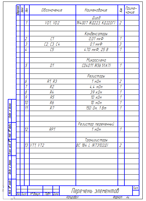 Перечень элементов к схеме электрической принципиальной