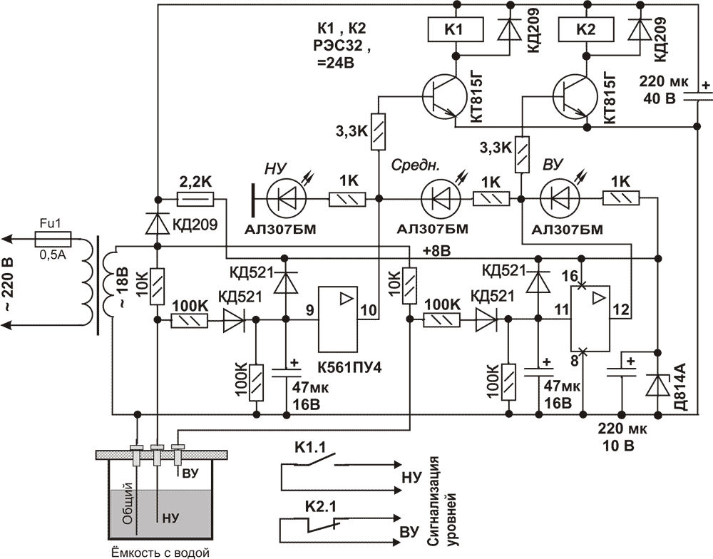 Схема контроля уровня воды в баке