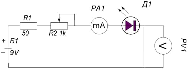 Схема пробника для определения параметров светодиода