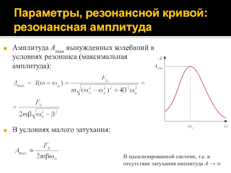 Амплитуда резонанса. Амплитуда колебаний в резонансе. Резонанс амплитуда колебаний формула. Резонансные кривые колебаний. Формула амплитуды смещения вынужденных колебаний.