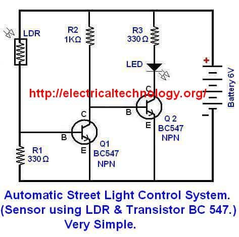Circuit Diagram of .Automatic Street Light Control System.(Sensor using LDR & Transistor BC 547.