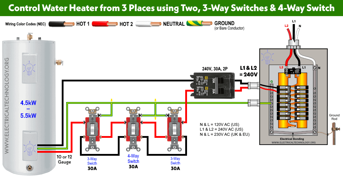 Control Water Heater from 3 Places using 2, 3-Way Switches and 4-Way Switch (Intermediate Switch)