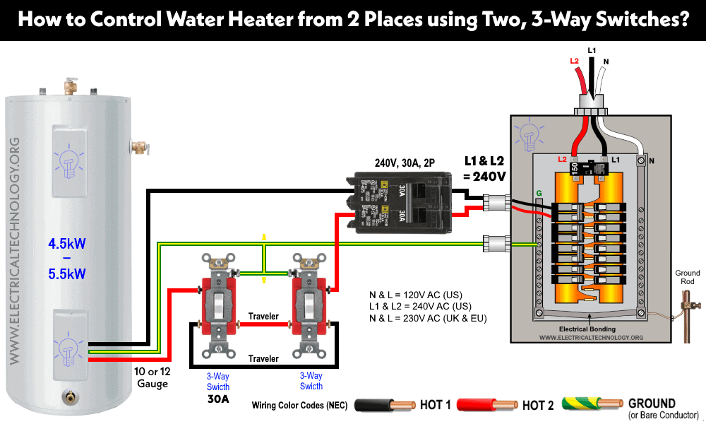 How to Control Water Heater from Two Places using Two, 3-Way Switches
