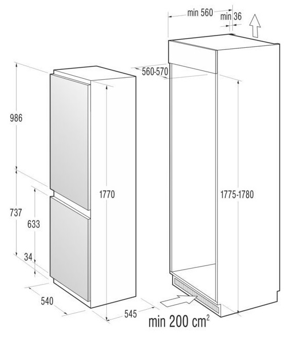 Стандартные размеры встраиваемого холодильника