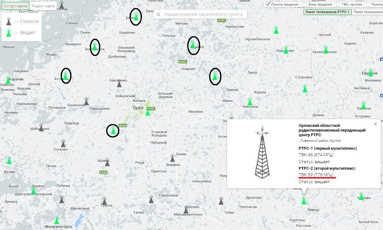 Карта телевизионных вышек