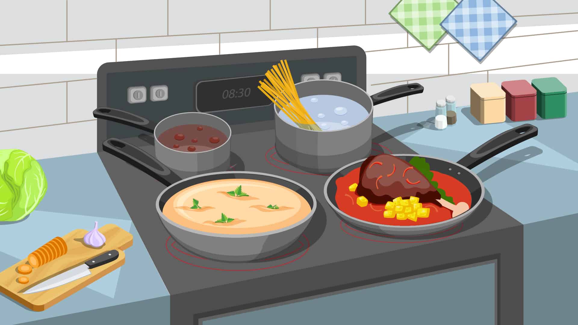 cartoon of food cooking in pans on stove